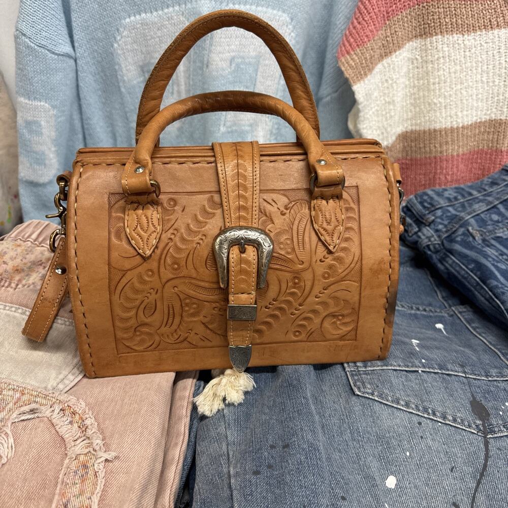 Vintage Force Ten Classic Hand Tooled Leather Satchel Crossbody Bag Western 70s